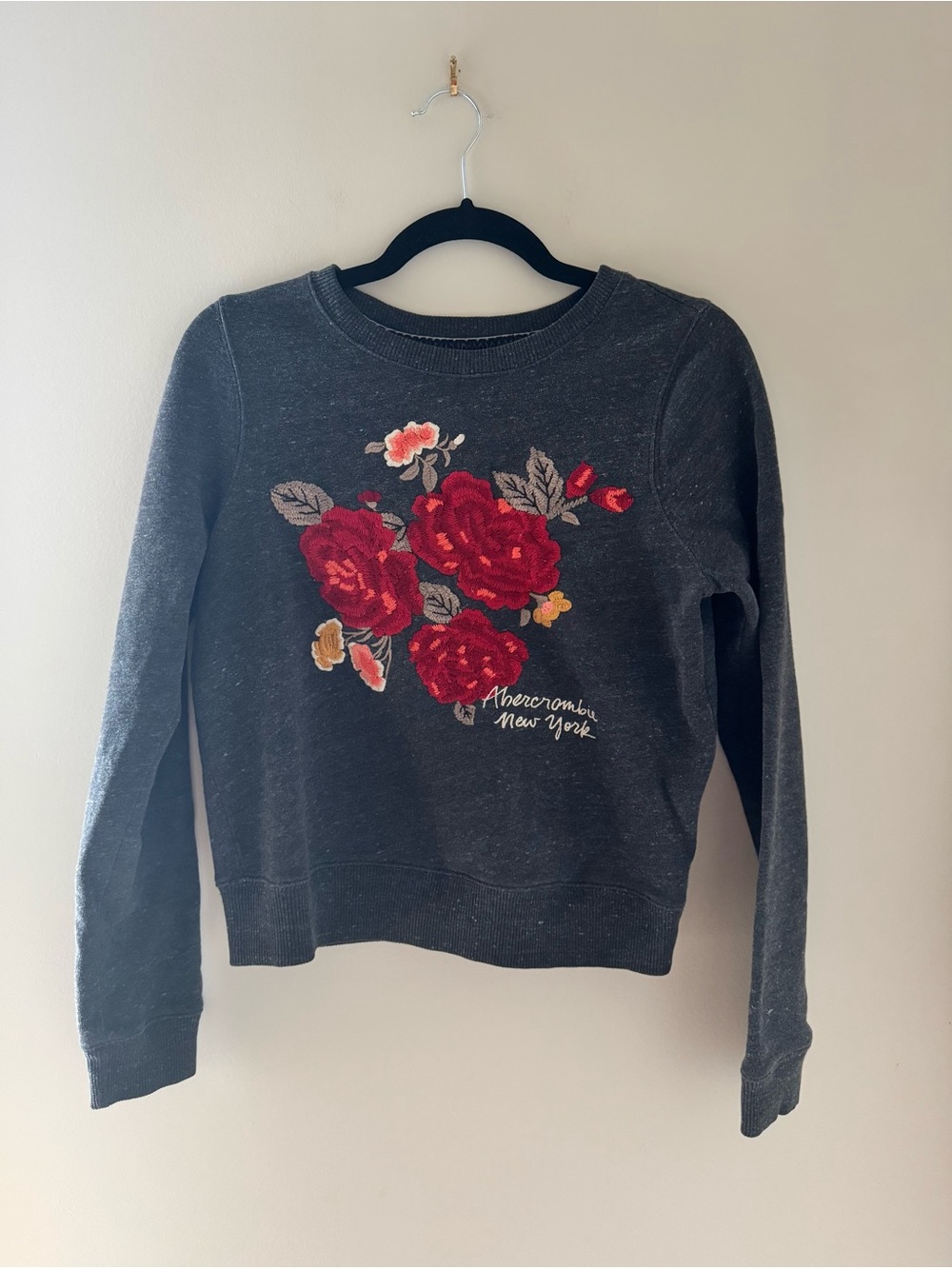 Abercrombie & Fitch Charcoal Crewneck Sweater with Red Floral Embroidery